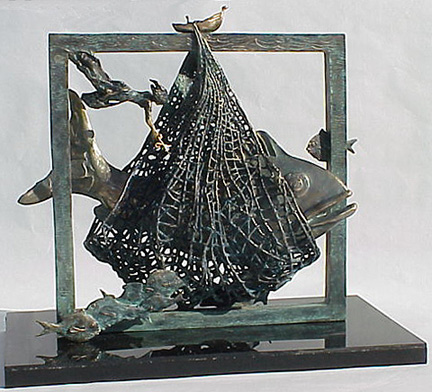  bronze sculpture of fish in net