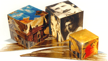 three cubes PORTRAITS OF THE ARTIST and details of his works