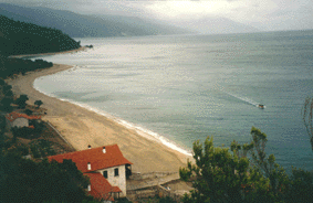 a view  from the mountain down to the sea