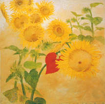 painting with a sunflower and a heartshaped leaf